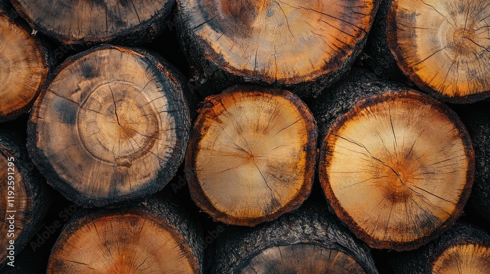 Poster Cross section of tree trunks stacked in a forest showcasing natural wood texture and rings symbolizing age and growth of trees