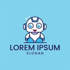approachable logo design featuring a cute, cartoon-style robot. The robot has a simple yet expressive design with large eyes, a friendly smile, and simple details for its head, body, arms, and legs