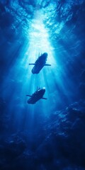 Mystical Depths  Submarines Exploring Underwater Sunlight Beams in the Deep Blue Ocean