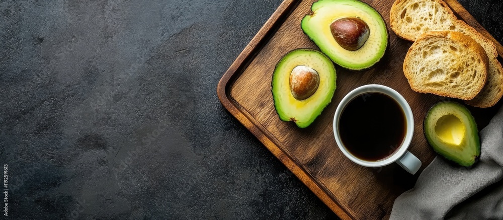 Poster breakfast tray with fresh coffee avocado slices and toasted bread on a wooden surface with ample emp