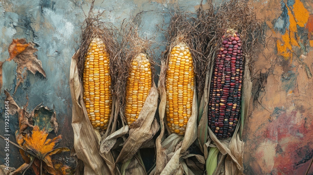Poster Cropped close-up of vibrant corncobs displaying colorful kernels against a rustic background with autumn leaves and textured surfaces