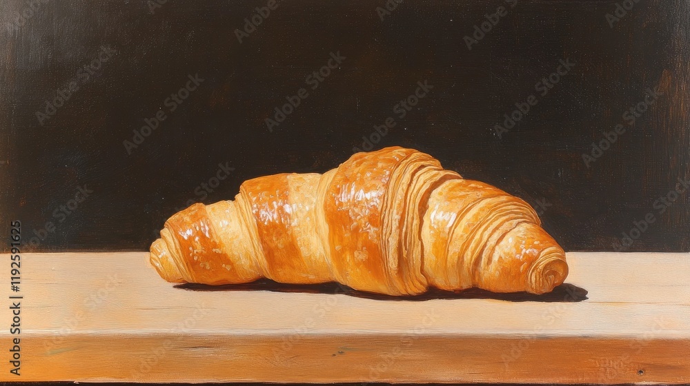 Poster golden croissant resting on a rustic wooden table against a dark background highlighting its flaky t