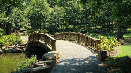 Inviting pathways through a serene park with a charming wooden bridge surrounded by lush greenery and tranquil water reflections