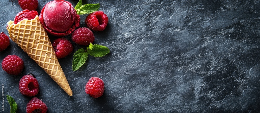 Poster raspberry ice cream cone surrounded by fresh berries on a dark stone surface ideal for food advertis