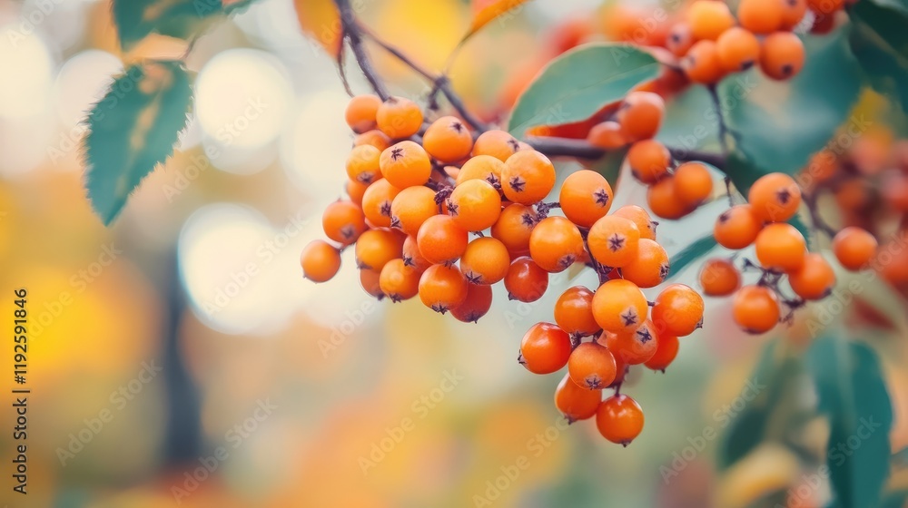 Poster vibrant rowanberries and sand waxberries on a tree branch with orange fruits against a softly blurre