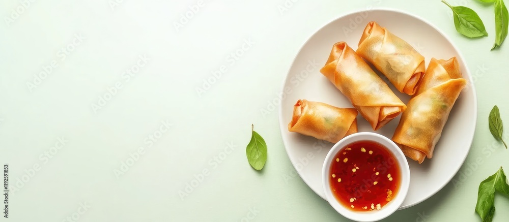 Poster Spring Rolls on Plate with Sweet Sauce and Blank Space for Custom Text Usage in Food Advertisements or Menus