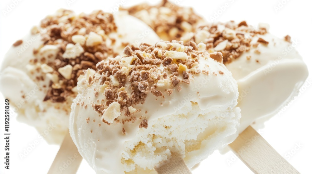 Aufkleber savory vanilla ice cream bars coated with crushed nuts on wooden sticks isolated on a bright white b