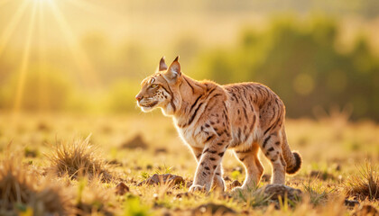 Obraz premium Iberian lynx walking in Mediterranean habitat under afternoon sun, symbolism of wildlife