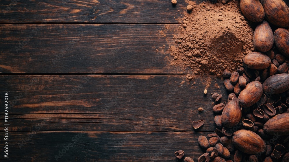 Poster cocoa powder and cocoa beans scattered on rustic wooden table showcasing natural ingredients for cho