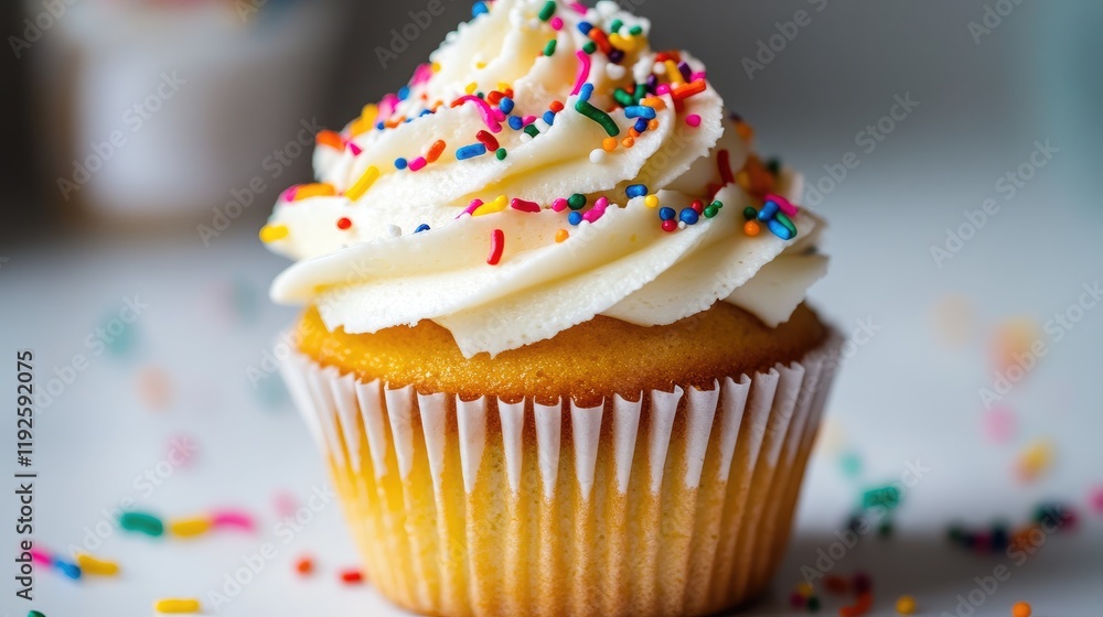 Poster vegan cupcake topped with swirls of frosting and colorful sprinkles on a white background