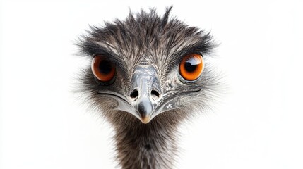 Emu Close-Up with Intense Orange Eyes Isolated on White Background for Nature and Wildlife Themes