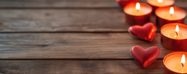 Valentine's day theme background. A cozy arrangement of lit candles and red hearts on a wooden surface, creating a warm and romantic atmosphere.