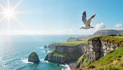 Seagull soaring above Irish cliffs in midday sun, nature's beauty