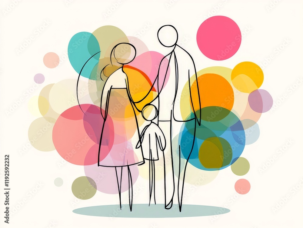 Poster abstract family group illustration with overlapping vibrant circles, minimalistic figures, and moder