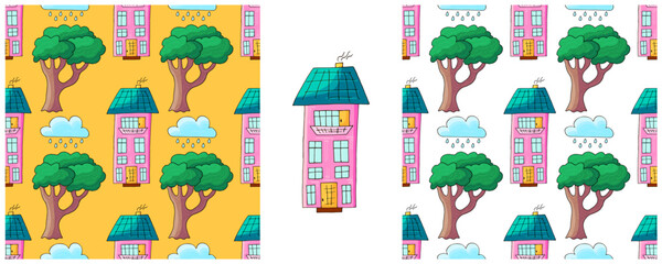 Fototapeta premium Houses. Set city seamless patterns. Pattern in hand draw style