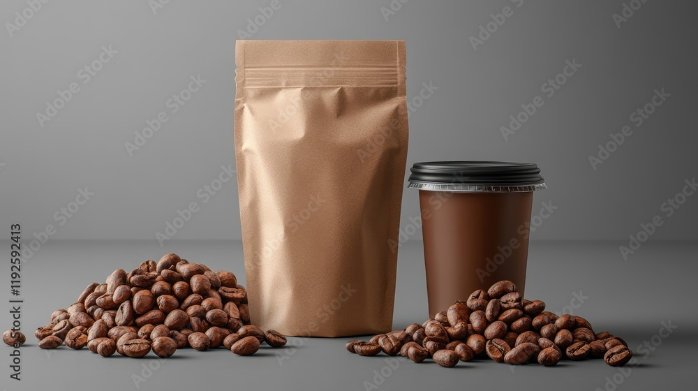 Poster Cocoa beverage with roasted cocoa beans and packaged cocoa on a neutral gray background for beverage and confectionery promotions