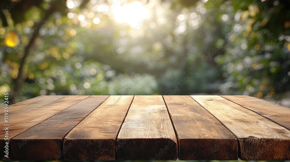 Poster empty rustic wooden table with blurred nature background ideal for product display and summer promot