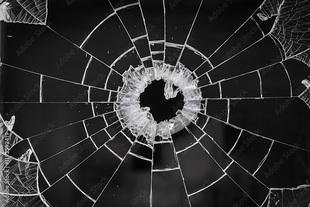 Poster black-and-white photograph of a shattered window, featuring a central void with spiderweb-like crack