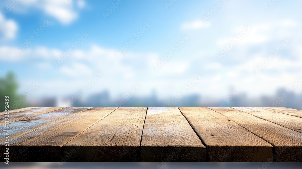 Poster empty rustic wooden tabletop with a soft-focus background of blue sky and fluffy clouds ideal for pr