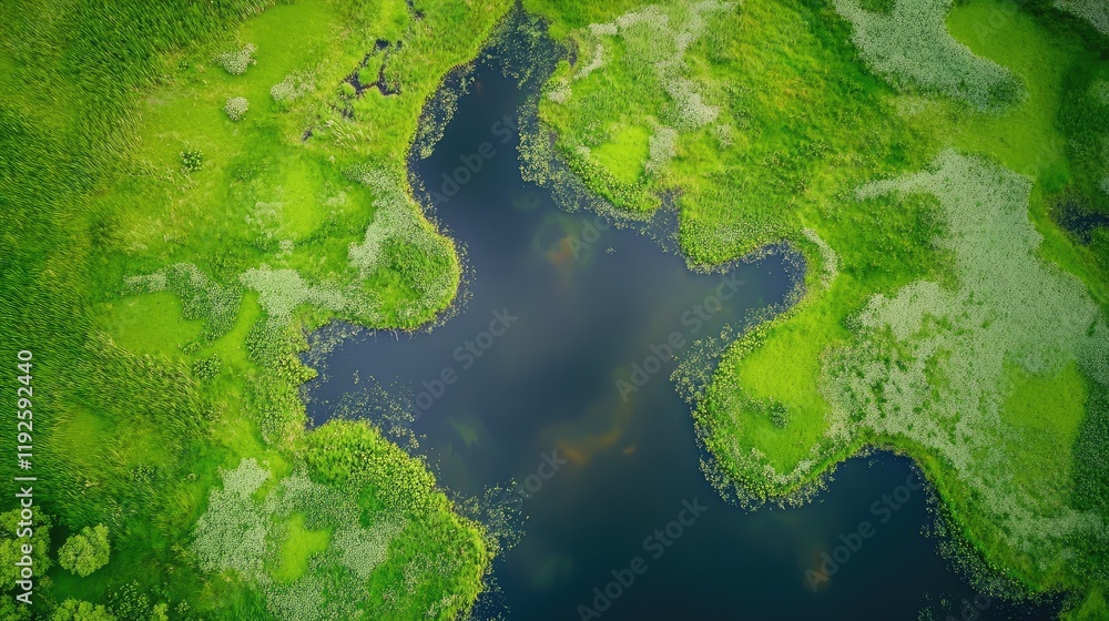 Poster Aerial view of vibrant wetland ecosystem displaying lush greenery and water diversity with ample space for text placement and messaging