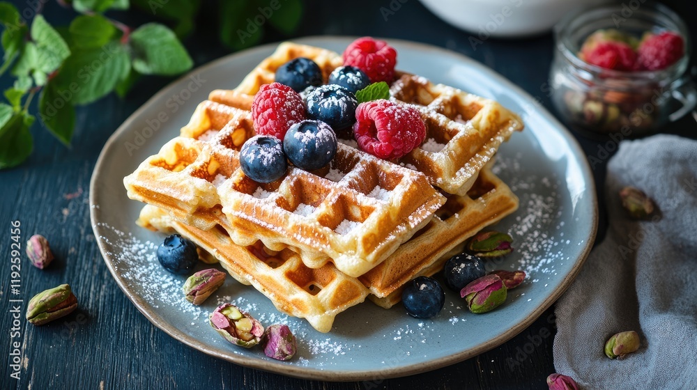 Poster waffles topped with fresh berries and nuts served on a rustic plate ideal for breakfast or dessert i