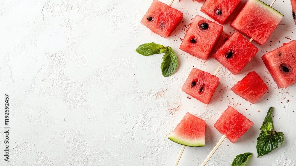 Poster fresh watermelon cubes on skewers garnished with mint leaves arranged on a white background for a vi