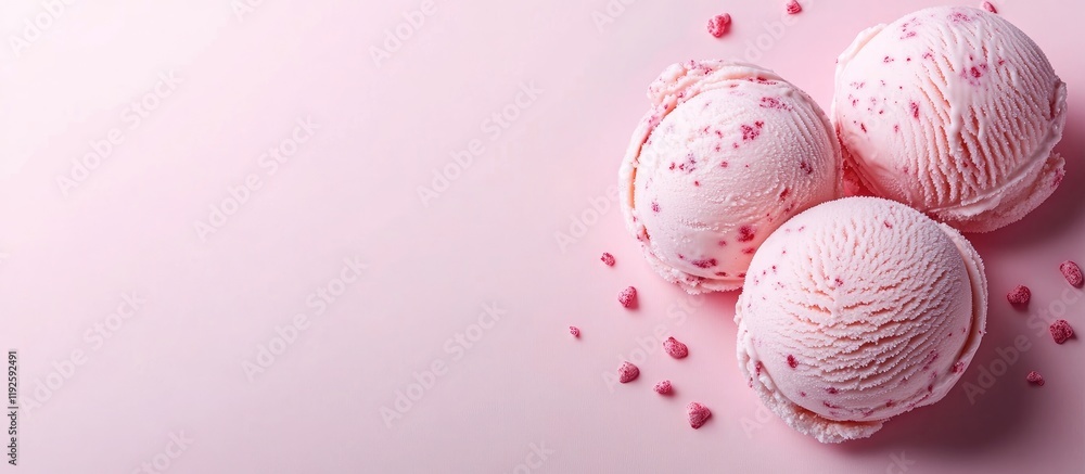 Poster creamy pink ice cream scoops with sprinkles on a pastel background ideal for text overlay and desser