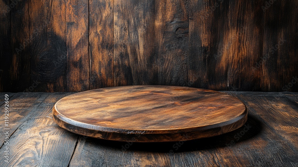 Poster empty round wooden display table on rustic dark wood background ideal for product presentation high 