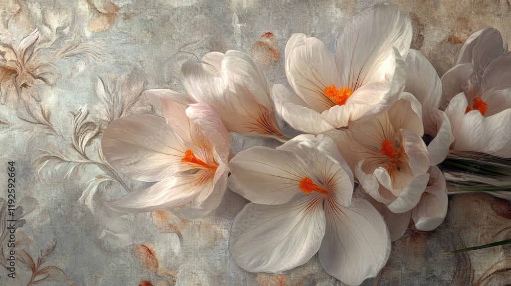 Poster delicate white crocus flowers arranged elegantly on a textured background showcasing springtime beau