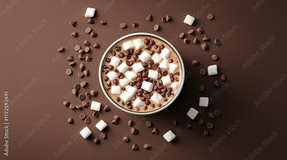 Poster Cocoa drink topped with marshmallows and chocolate chips in a mug on a brown background flat lay composition