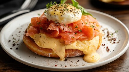Savory donut bread topped with smoked salmon and poached egg benedict garnished with herbs on a white plate for gourmet breakfast display.