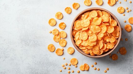 Crunchy organic lentil chips in wooden bowl with scattered chips on light surface ideal for health snack promotion and advertising space