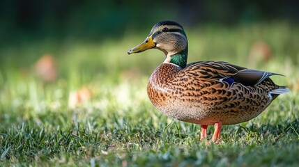 Fototapeta premium Mallard Duck Standing Gracefully on Lush Green Grass in Natural Habitat