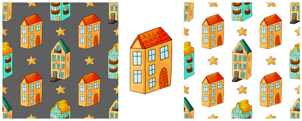 Houses. Set city seamless patterns. Pattern in hand draw style