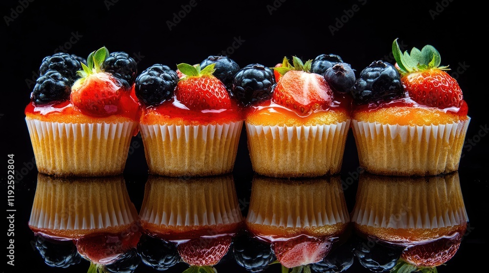 Poster strawberry and berry topped cupcakes on a shiny surface showcasing vibrant colors and delicious text