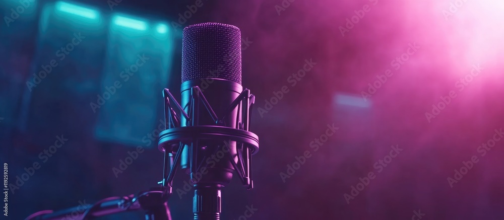 Poster professional microphone in a creative studio setting with colorful lighting and space for customizab