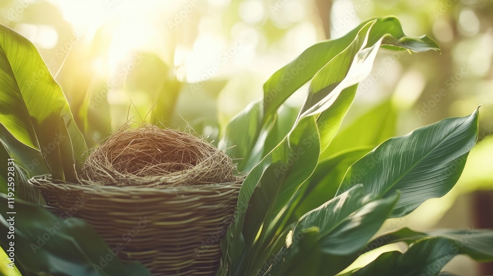 Poster closeup of lush green bird's nest fern leaves illuminated by sunlight with a soft blurred background