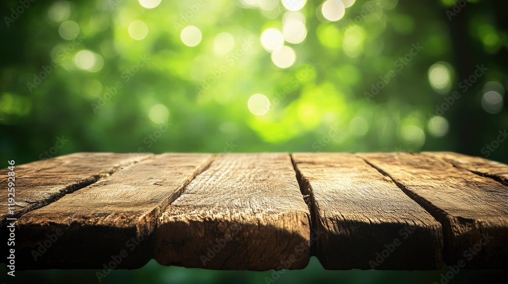 Poster rustic wooden table surface with soft green bokeh background ideal for product photography and displ