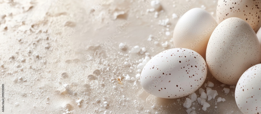 Aufkleber fresh farm eggs arranged on a light neutral background with flour scattered and ample space for text