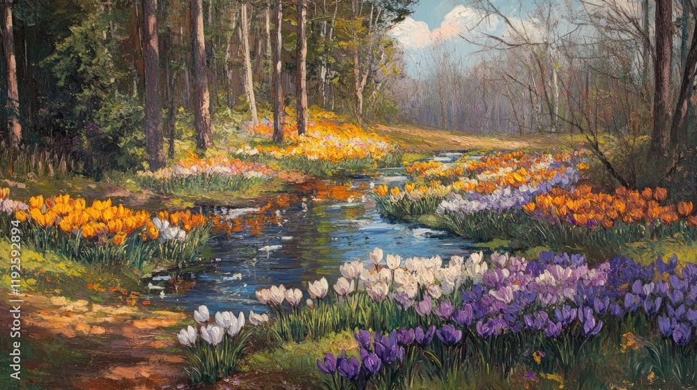 Poster vibrant landscape featuring blooming crocus and tulips by a serene stream in a forest setting