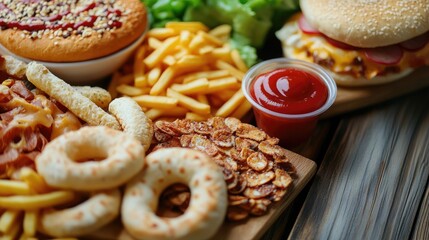 Delicious assortment of fast food snacks including fries, burger, and sauces on a wooden table inviting a tasty eating experience
