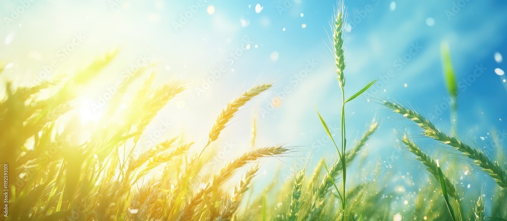 Poster Wheat field close up with sunlight glimmering through a natural setting emphasizing agricultural beauty and tranquility