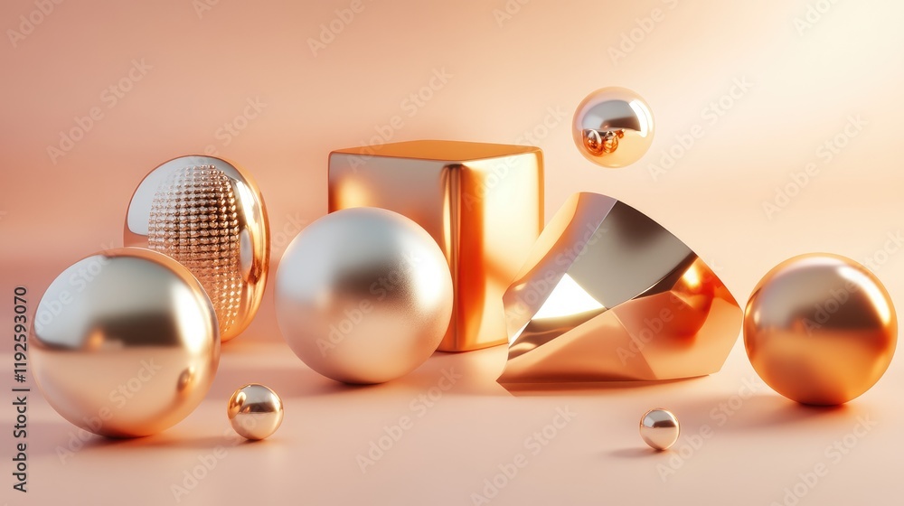Poster glossy metallic shapes in soft pastel background with blurred aesthetic for modern design and abstra