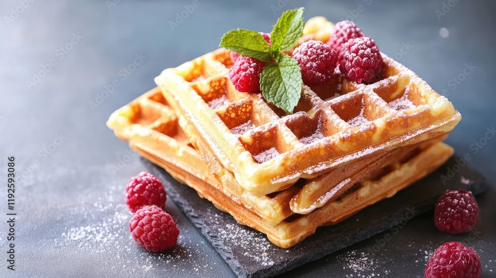 Poster freshly made waffles topped with raspberries and mint leaves on a dark slate background for a deligh