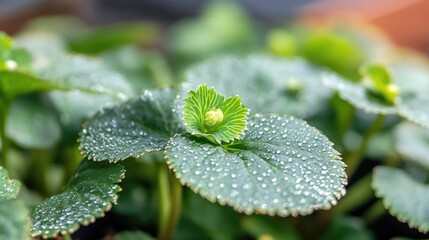 Closeup of fresh fagonia plant leaves covered in dew droplets showcasing vibrant green foliage and natural beauty.