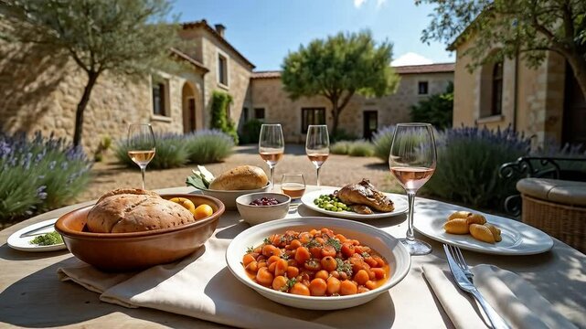 Mesa al aire libre con comida gourmet en una casa de campo