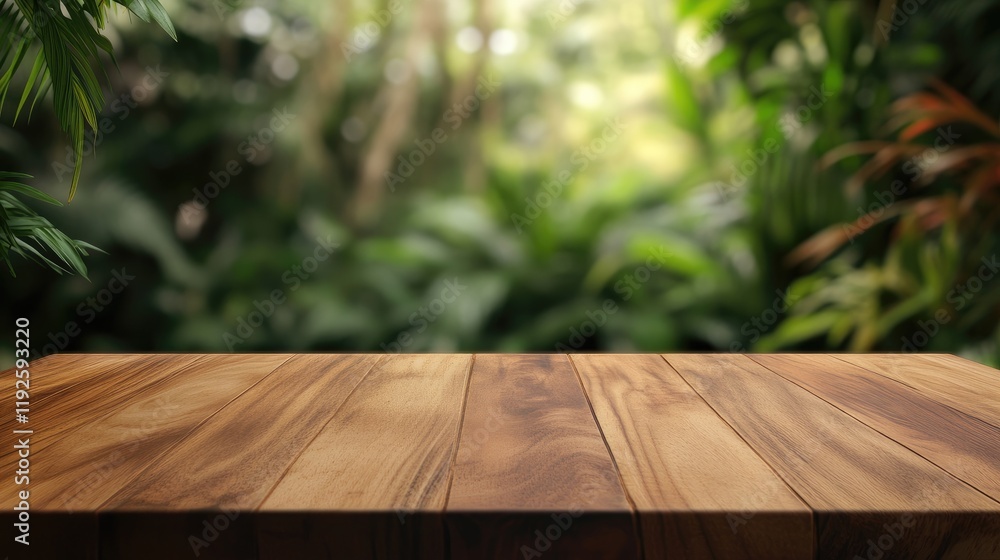 Poster wooden table in front of lush greenery blurred background ideal for displaying products or food in a