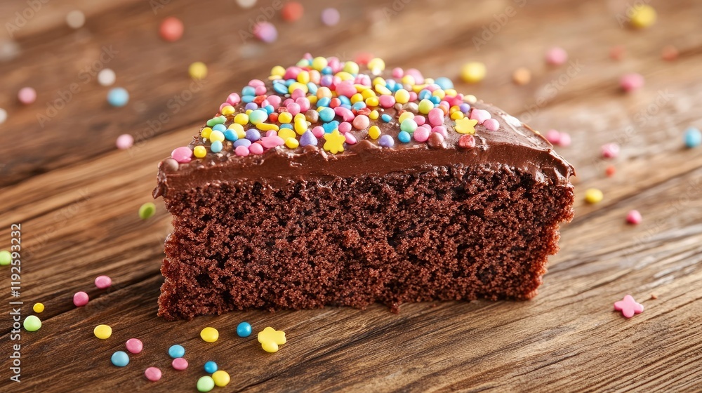 Poster chocolate cake slice topped with icing and vibrant sprinkles on rustic wooden table background showc