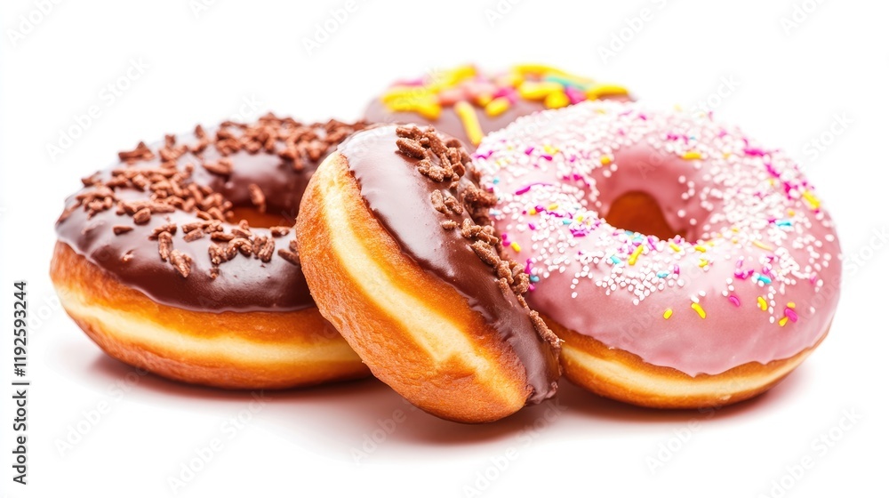 Poster assorted donuts with icing and sprinkles arranged on a white background showcasing a colorful and de