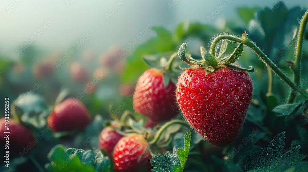 Poster fresh strawberries in a misty field highlighting dewdrops on vibrant red fruit and lush green leaves